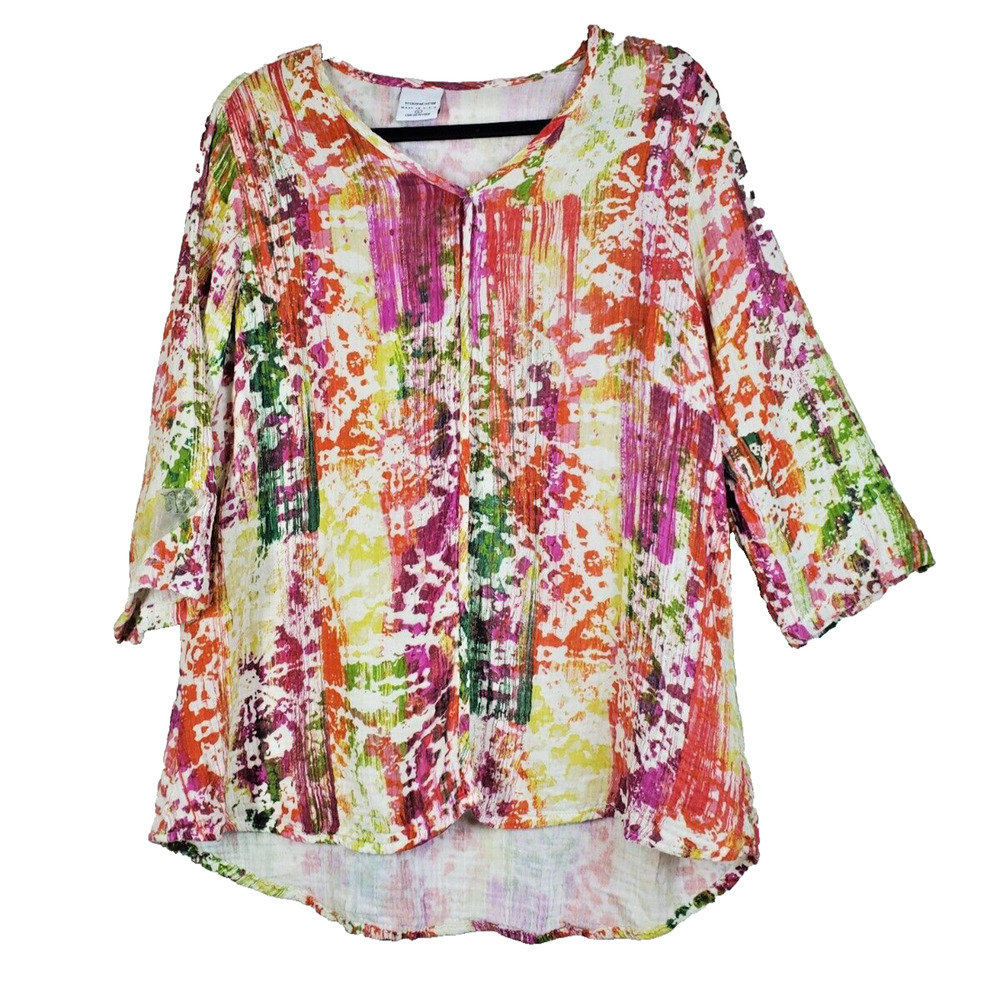 CMC Color Me Cotton Womens Large Top‎ Artsy Colorful Tunic Boho Cotton White